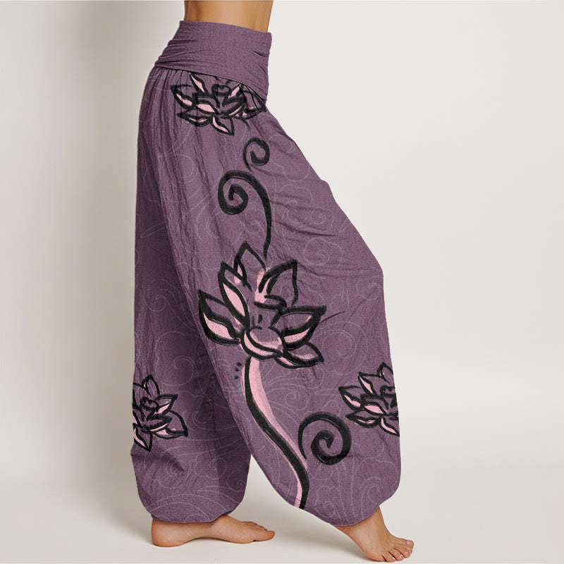Casual Lotus Auspicious Clouds Design Women's Elastic Waist Harem Pants