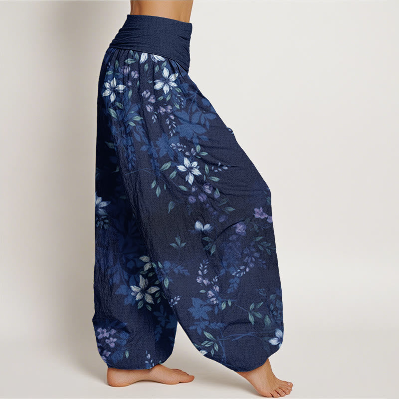 Small White Blossoms Green Leaves Women's Elastic Waist Harem Pants