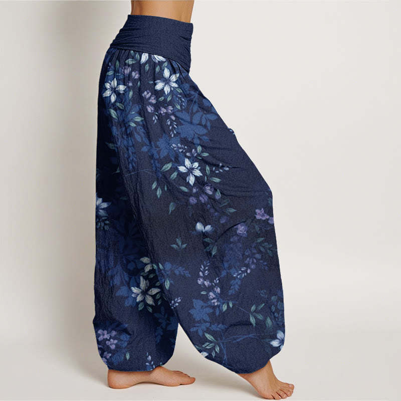Small White Blossoms Green Leaves Women's Elastic Waist Harem Pants