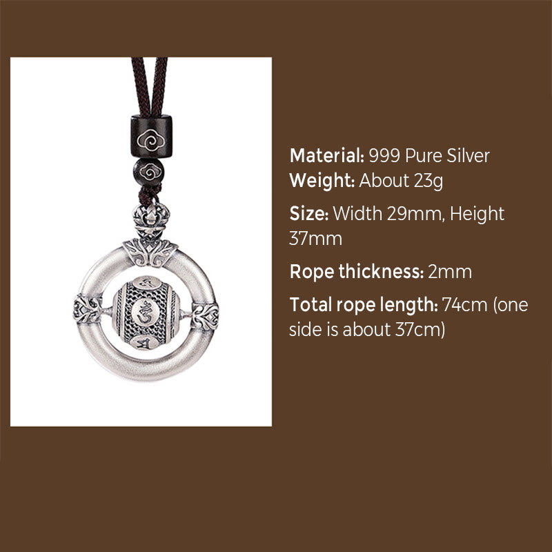 999 Sterling Silver Om Mani Padme Hum Engraved Wisdom Necklace Rope Pendant