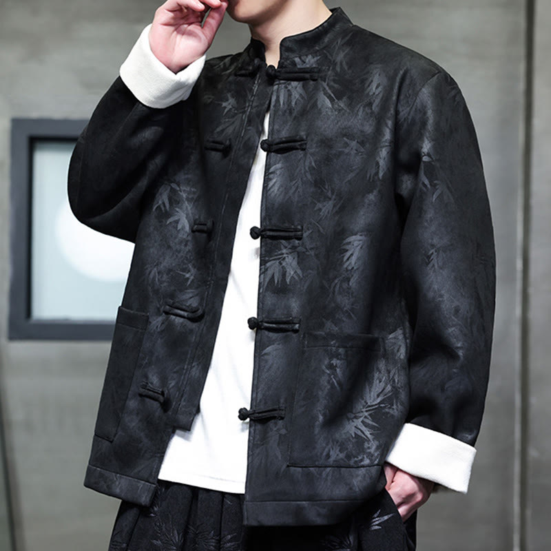 Men's Frog-Button Tang Suit Bamboo Pattern Suede Cotton Jacket Shirt With Pockets