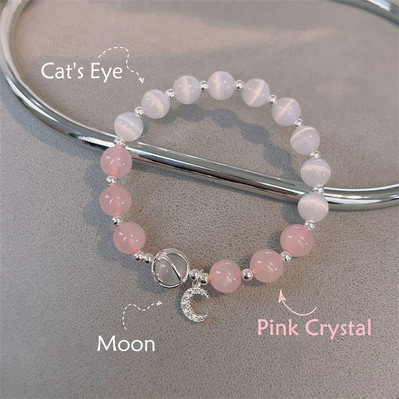 Natural Cat's Eye Pink Crystal Moon Love Charm Bracelet