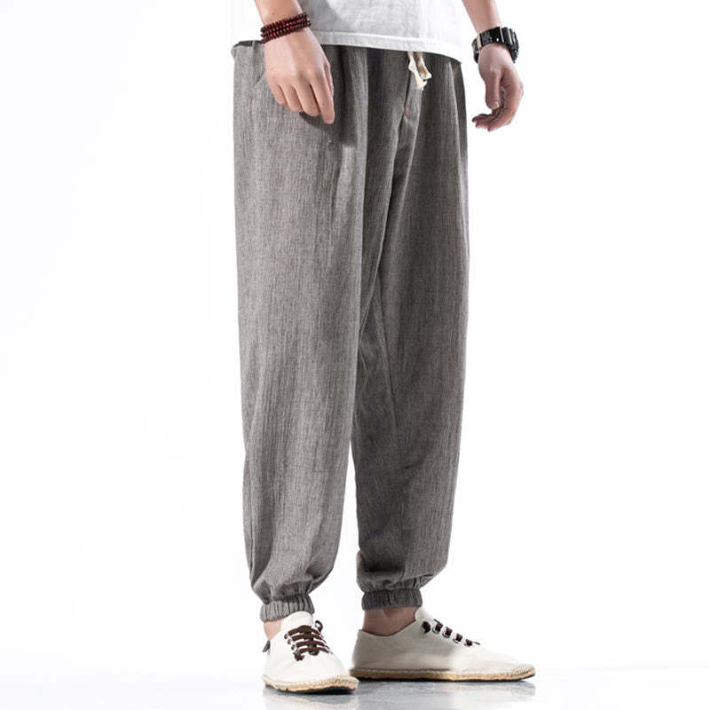 Casual Solid Color Drawstring Linen Men's Pants With Pockets