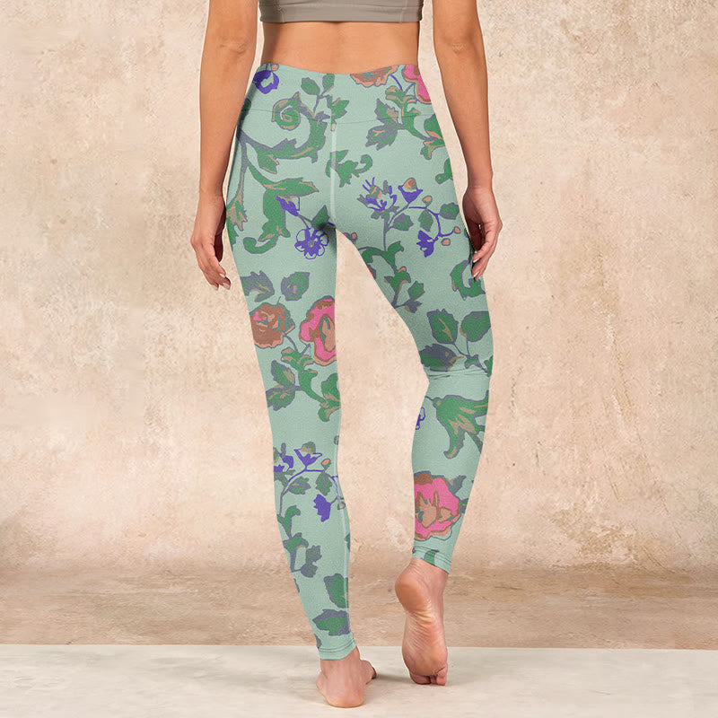 Green Red Roses Green Leaves Print Gym Leggings Women's Yoga Pants