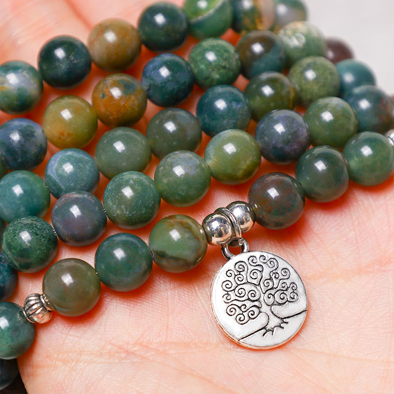 108 Mala Beads Indian Agate Lotus OM mystic zen Tree of life Positive Calm Bracelet