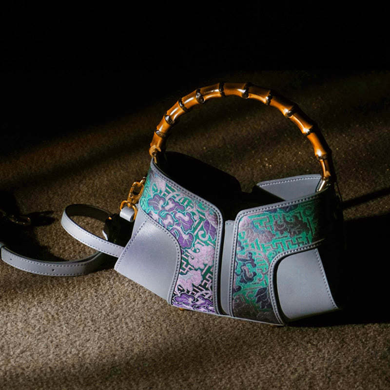 Retro Peony Branches Bamboo Handle Song Brocade Xiangyunsha Silk Crossbody Bag Hangbags