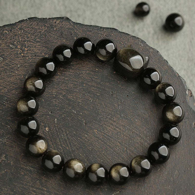 Gold Sheen Obsidian Silver Sheen Obsidian Lovely Paw Lucky Cat Protection Bracelet