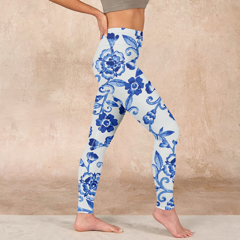 Blue Flowers Leaves Branches Print Gym Leggings Women's Yoga Pants