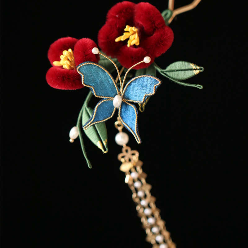 Classical Chinese Style Red Flower Blue Butterfly Hairpin Hair Clip Hair Comb Barrette