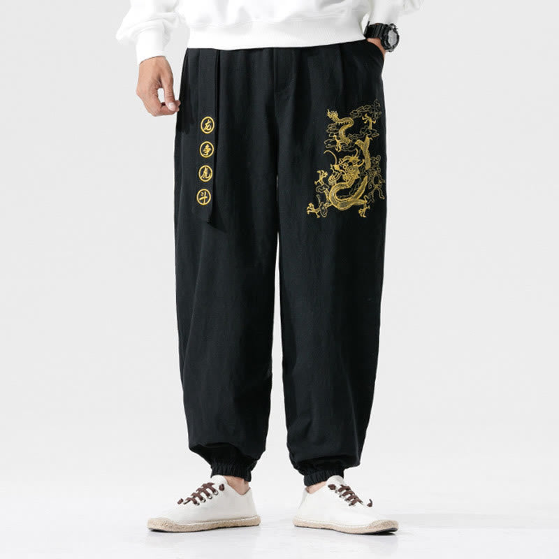 Auspicious Clouds Dragon Cotton Men's Pants With Pockets