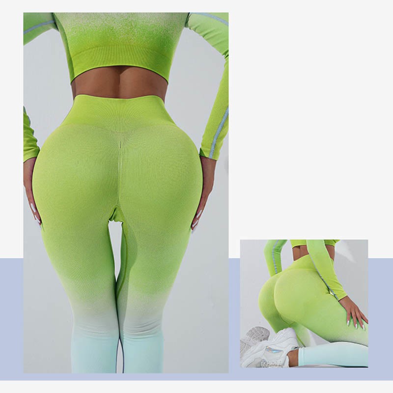 Gradient Long Sleeve Crop Top Tee Bra Leggings Pants Fitness Yoga Outfit