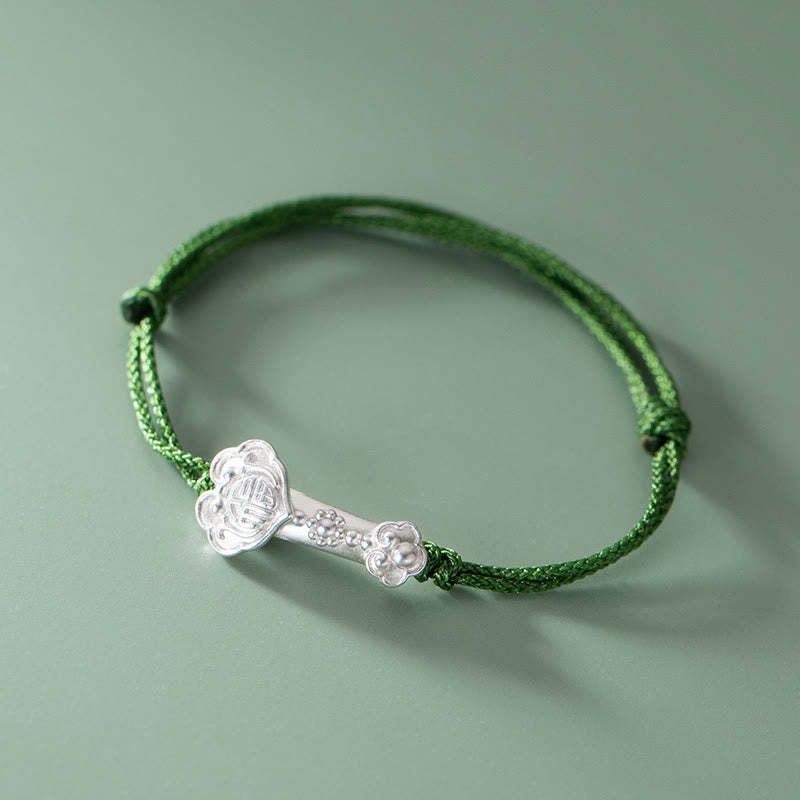 Handmade 999 Sterling Silver Fu Character Wish Ruyi Handle Luck Braided Green Rope Bracelet