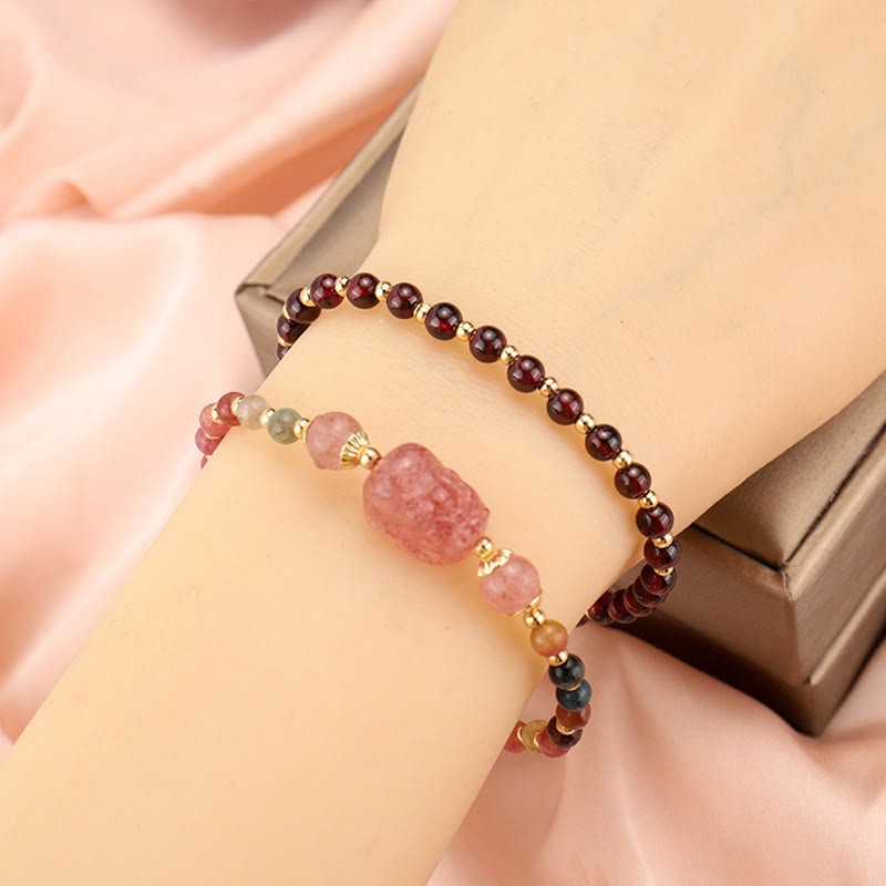 Natural Tourmaline Garnet Strawberry Quartz PiXiu Moonstone Protection Bracelet