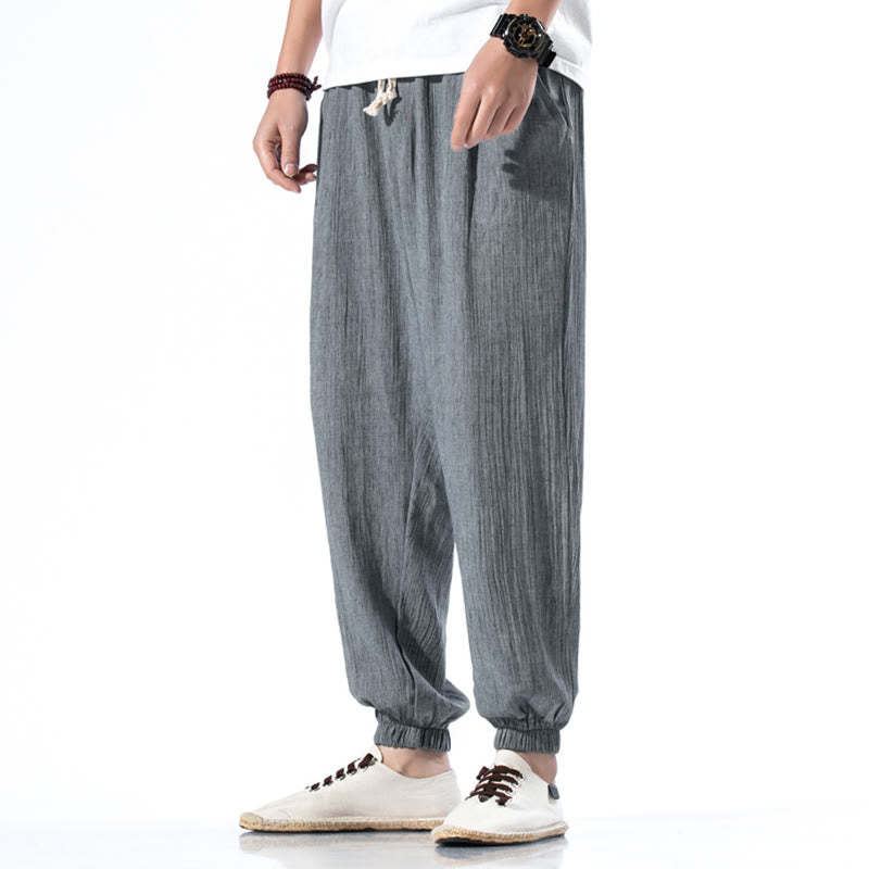 Casual Solid Color Drawstring Linen Men's Pants With Pockets
