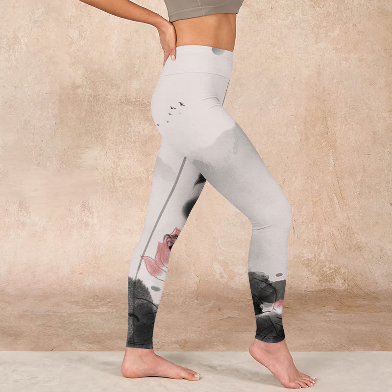 Ink Painting Lotus Flower Leaf Print Gym Fitness Leggings Women's Yoga Pants