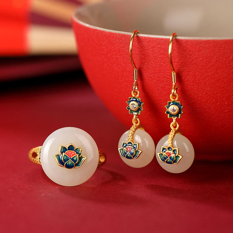 925 Sterling Silver Plated Gold Hetian Jade Lotus Luck Ring Earrings Set