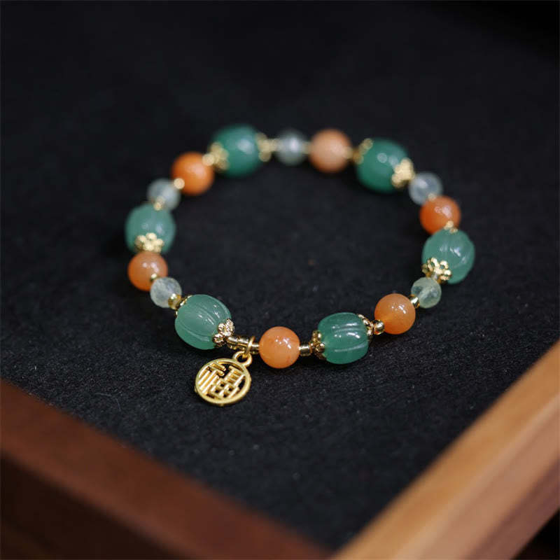 Natural Golden Silk Jade Pumpkin Bead Fu Character Charm Wealth Bracelet