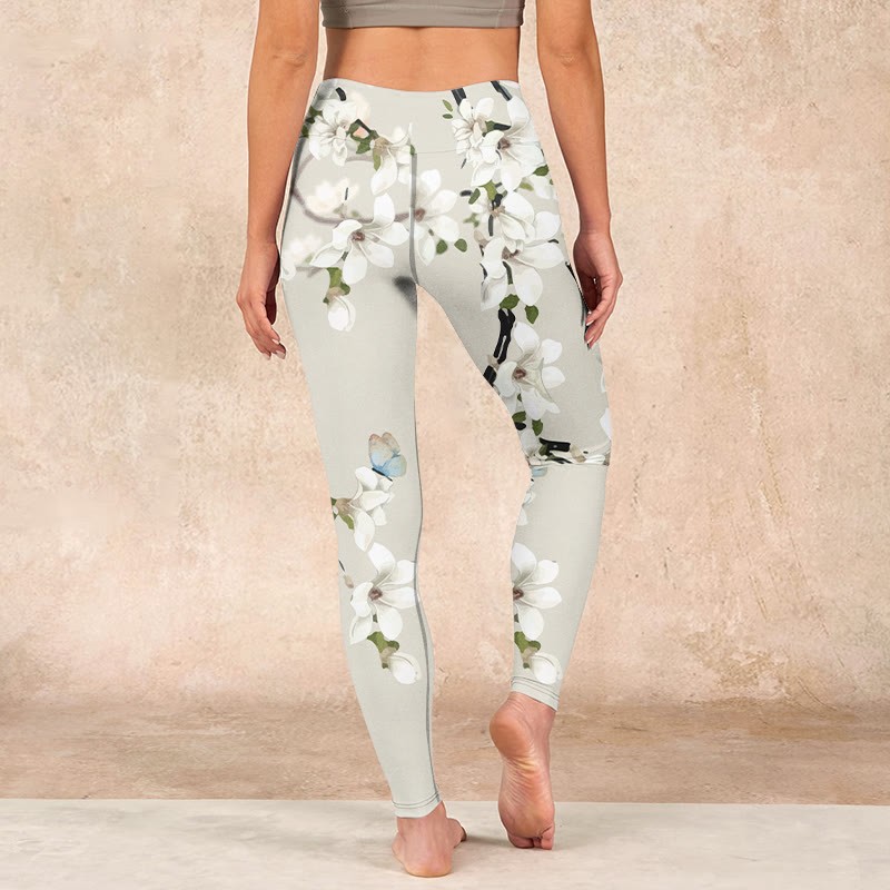 White Magnolia Flower Print Sports Fitness Leggings Women's Yoga Pants