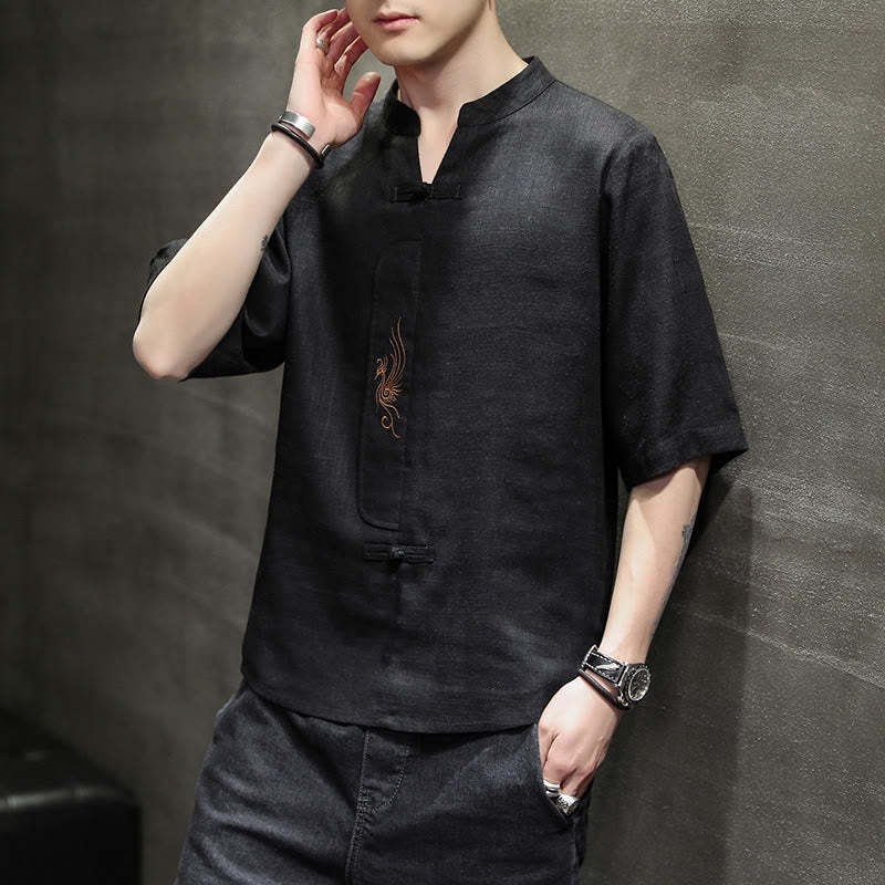 Frog-Button Phoenix Embroidery Chinese Tang Suit Short Sleeve Shirt Cotton Linen Men Clothing