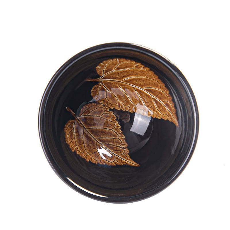 Gold Maple Leaf Chinese Jianzhan Ceramic Teacup Tenmoku Kung Fu Tea Cup Bowl