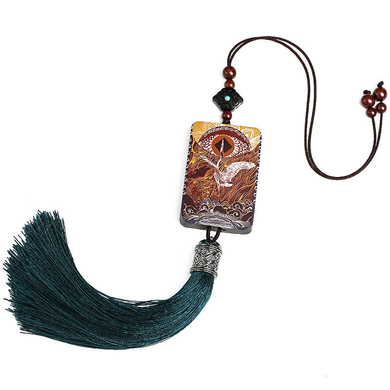 Vintage Handmade Auspicious Crane Ebony Wood Balance Tassel Car Hanging Decoration