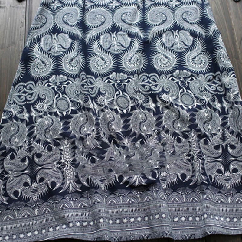 Blue White Flower Printed Button Midi Dress Three Quarter Sleeve Cotton Linen Dress With Pockets