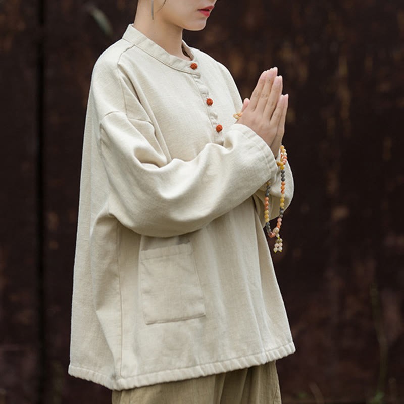 Retro Solid Color Thermal Long Sleeve Ramie Linen Women's Shirt