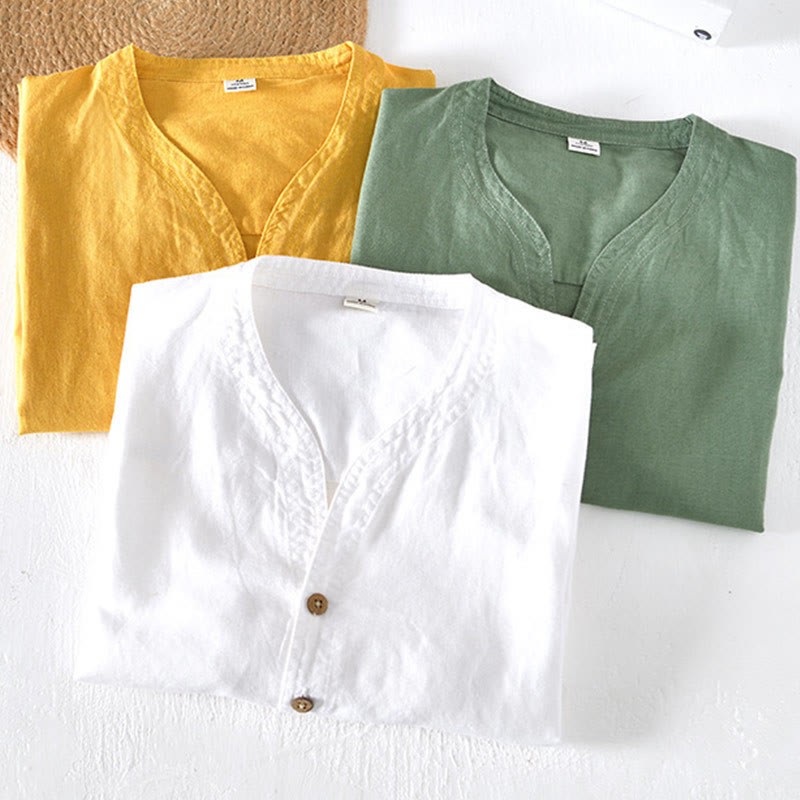 Summer Stand Collar Short Sleeve Cotton Linen Half Button Men's Shirt