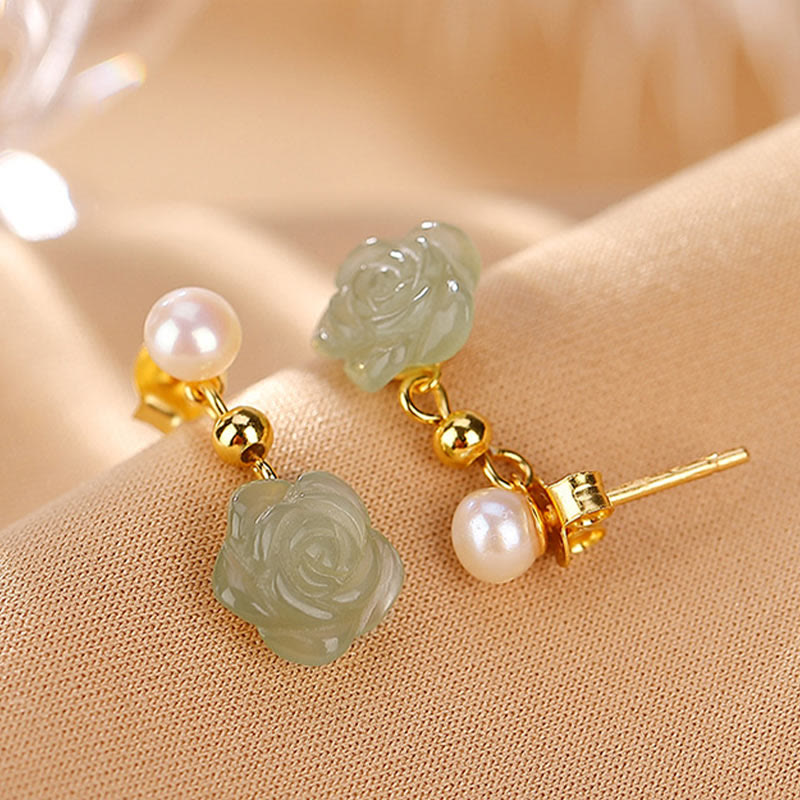 925 Sterling Silver Plated Gold Jade Rose Flower Cyan Jade Pearl Luck Earrings