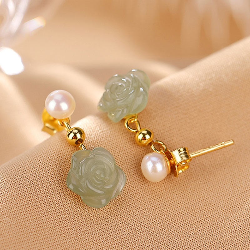 925 Sterling Silver Plated Gold Jade Rose Flower Cyan Jade Pearl Luck Earrings