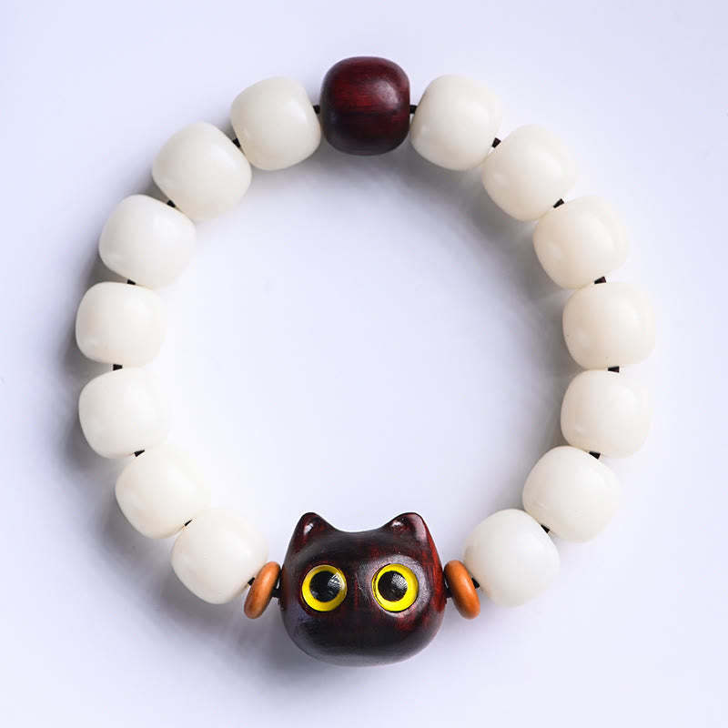 Natural Bodhi Seed Small Leaf Red Sandalwood Ebony Wood Cute Lucky Cat Wisdom Bracelet