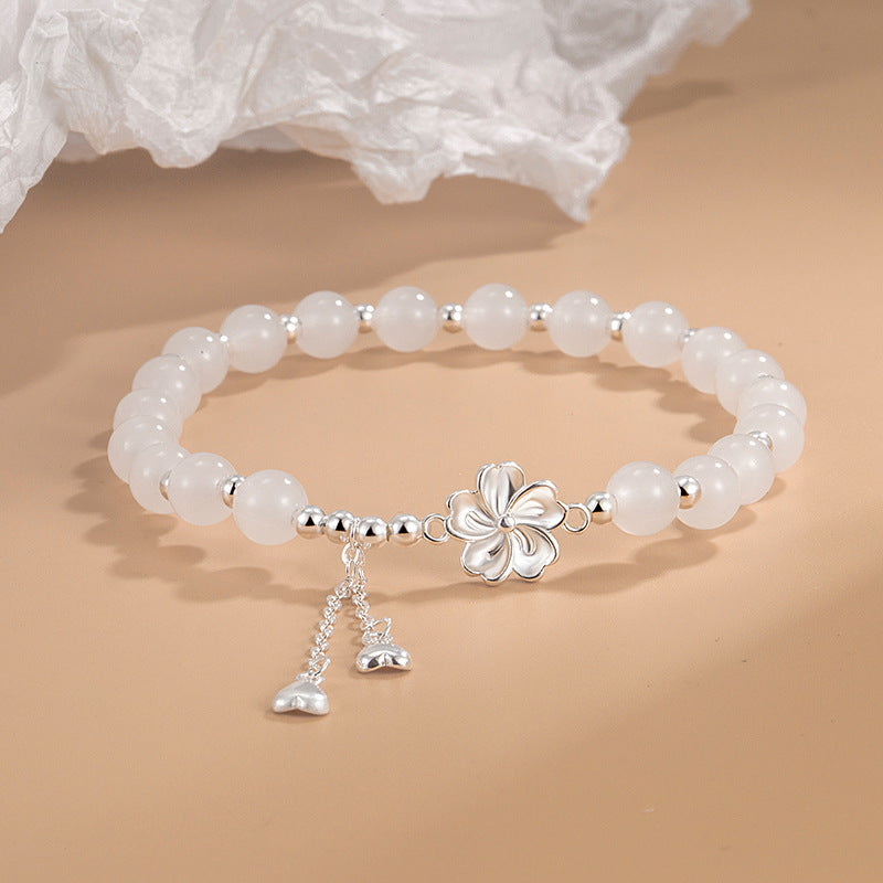 White Jade Peach Blossom Petals Flower Luck Bracelet