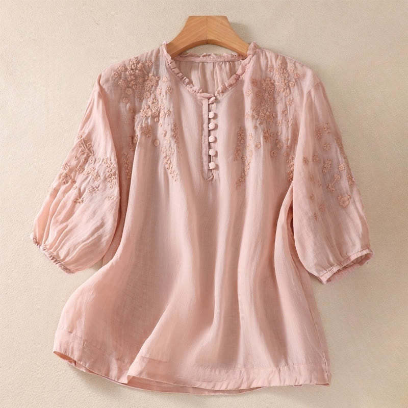Casual Plain Button Floral Embroidered Design Puff Half Sleeve Cotton Linen Women's Shirt