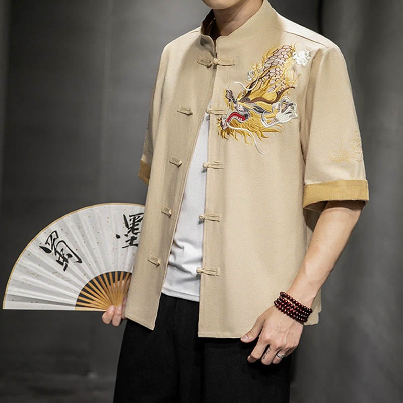 Frog-Button Chinese Dragon Auspicious Cloud Embroidery Half Sleeve Shirt Cotton Linen Men Clothing