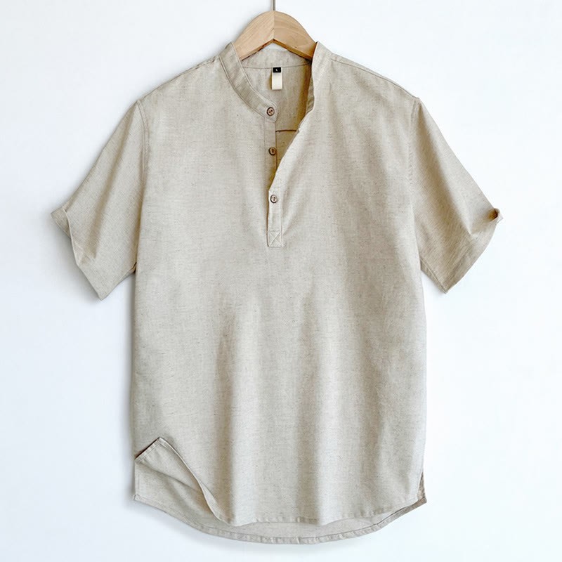 Solid Color Men Short Sleeve Button Linen Shirt