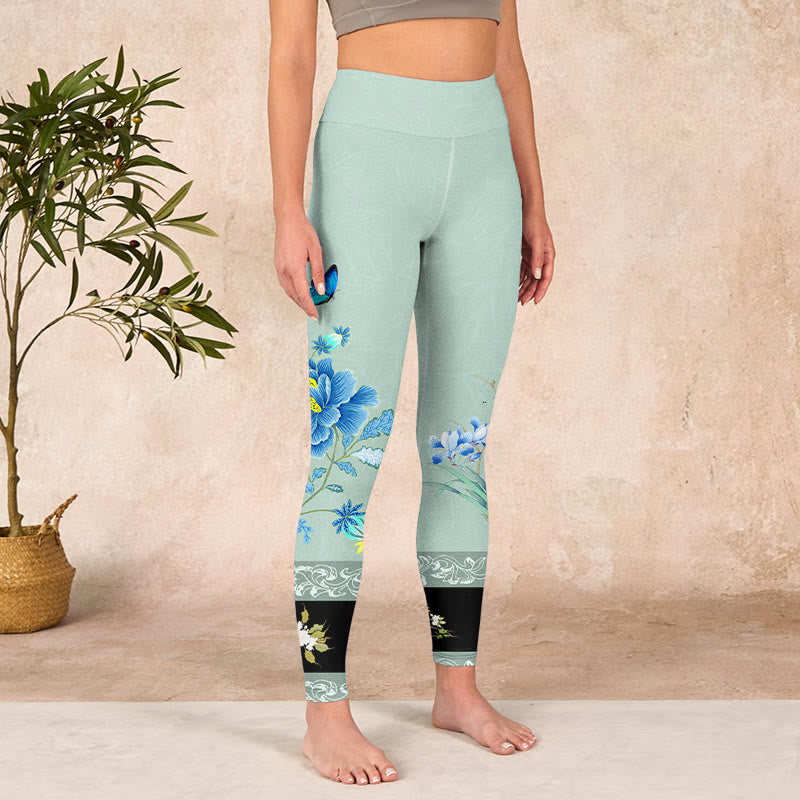 Mint Green Blue Peony Butterfly Print Sports Leggings Women's Yoga Pants