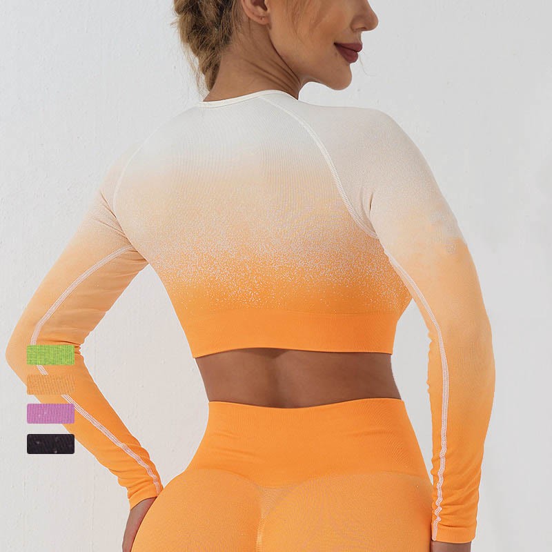 Gradient Long Sleeve Crop Top Tee Bra Leggings Pants Fitness Yoga Outfit