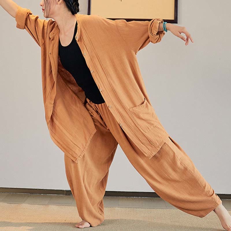 Plain Long Sleeve Coat Jacket Top Wide Leg Pants Zen Tai Chi Yoga Meditation Clothing