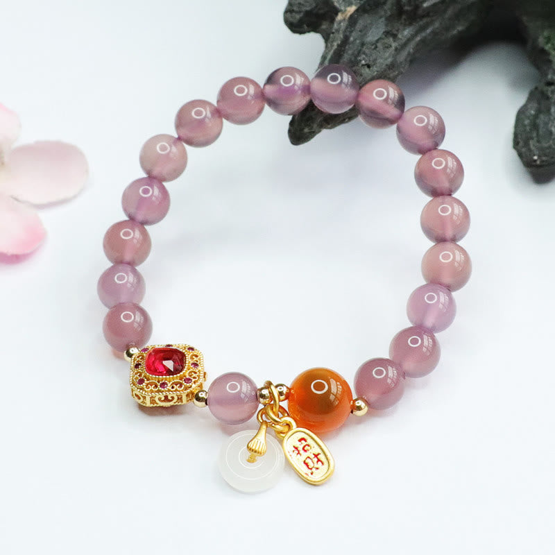 Natural Purple Chalcedony Candy Agate Peace Buckle Harmony Lucky Fortune Charm Bracelet