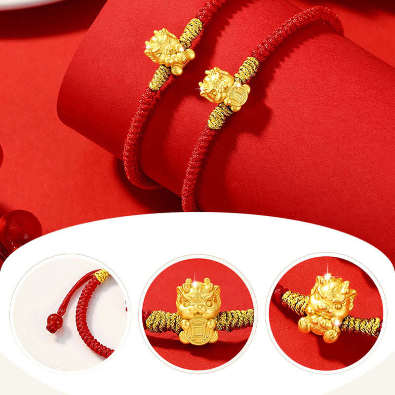 999 Sterling Silver Year of the Dragon Copper Coin Fortune Dragon Fu Character Luck Handcrafted Red String Braided Bracelet