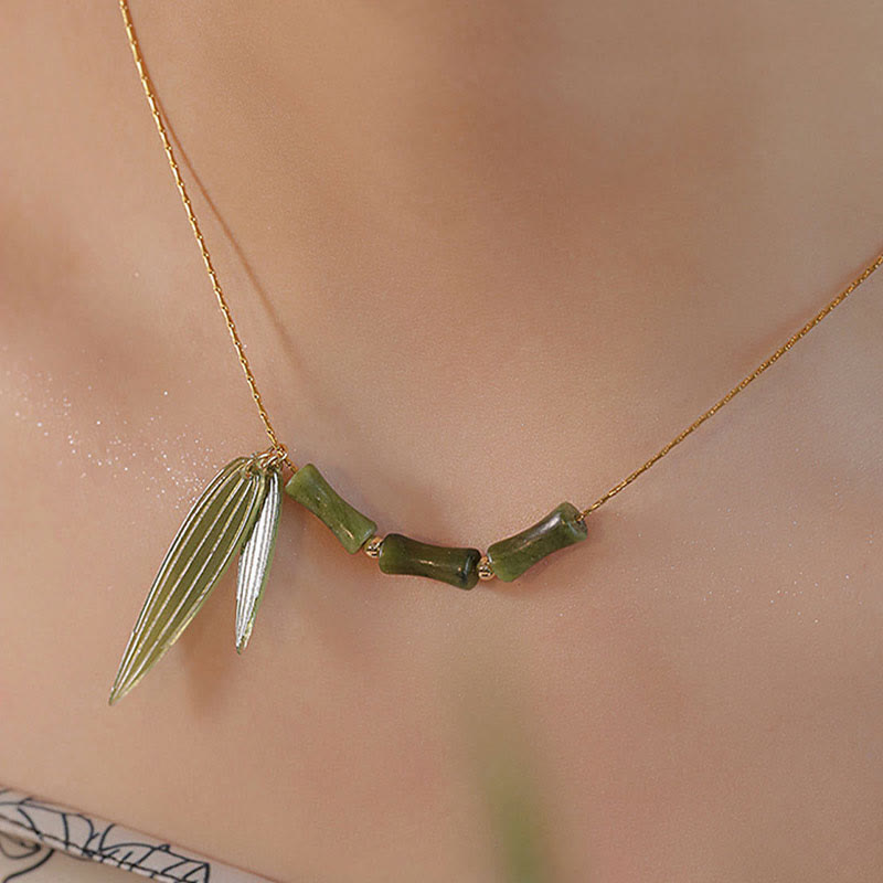 Bamboo Leaf Jade Design Wealth Necklace Pendant