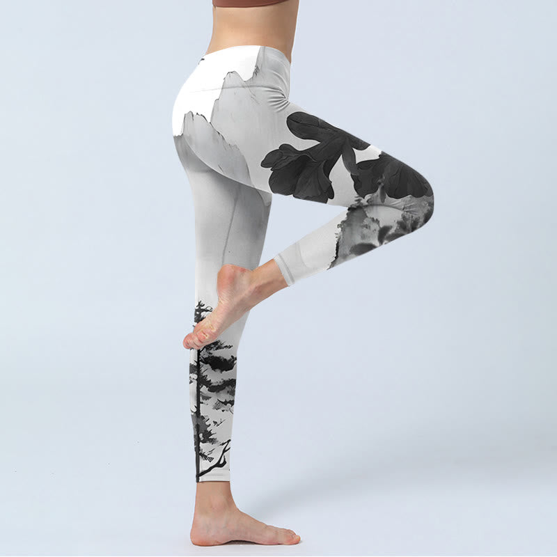 Ink Painting Trees Mountains Scenery Print Gym Leggings Women's Yoga Pants