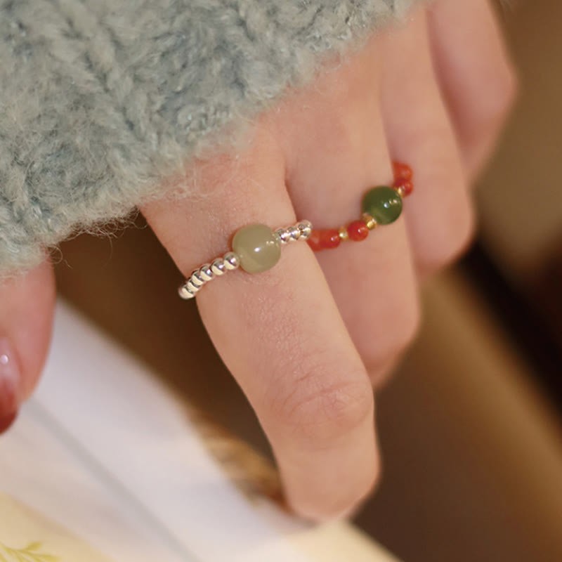 925 Sterling Silver Natural Small Hetian Jade Red Agate Pearl Bead Prosperity Elastic Ring