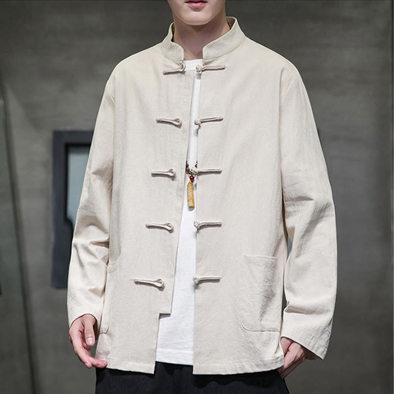 Solid Color Frog-button Tang Suit Cotton Linen Men's Jacket Shirt With Pockets