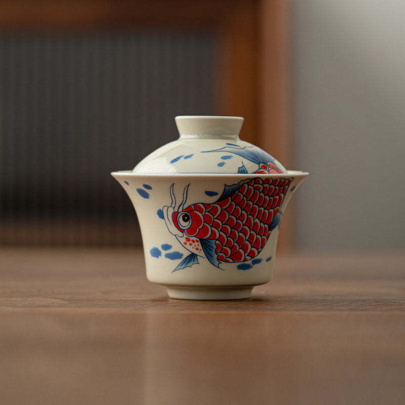 Koi Fish Arowana Ceramic Gaiwan Sancai Teacup Kung Fu Tea Cup With Lid 130ml