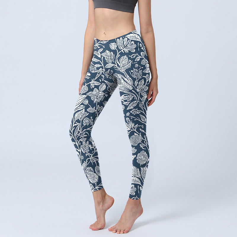 Dark Blue Flower Print Fitness Leggings Women's Yoga Pants