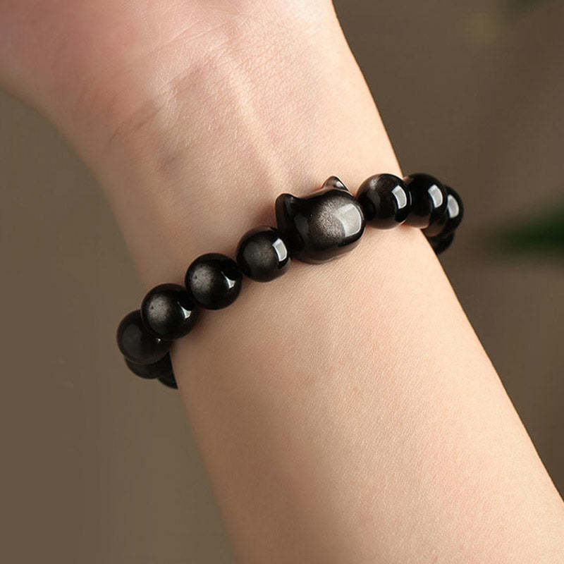 Gold Sheen Obsidian Silver Sheen Obsidian Lovely Paw Lucky Cat Protection Bracelet
