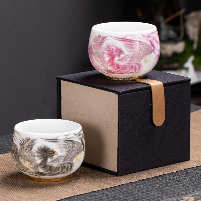Phoenix White Porcelain Ceramic Teacup Kung Fu Tea Cup 185ml With Gift Box