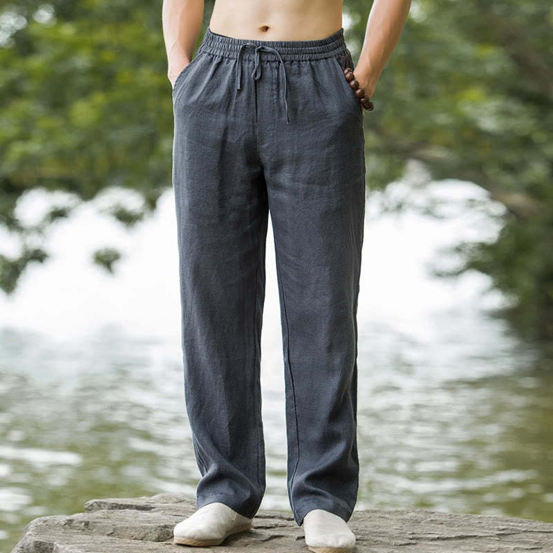Solid Color Linen Men's Wide Leg Pants With Pockets