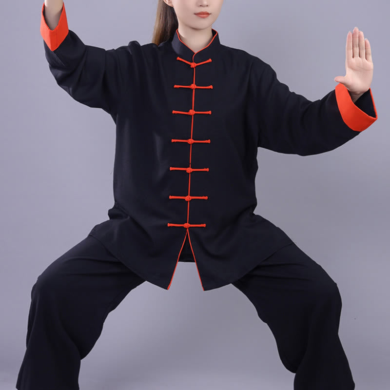 2Pcs Fall Winter Frog-Button Tai Chi Meditation Qigong Zen Practice Unisex Cotton Linen Clothing Set